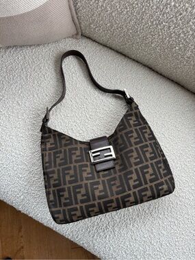 Fendi Dark Brown Zucca FF Canvas Shoulder Bag with Silver Buckle